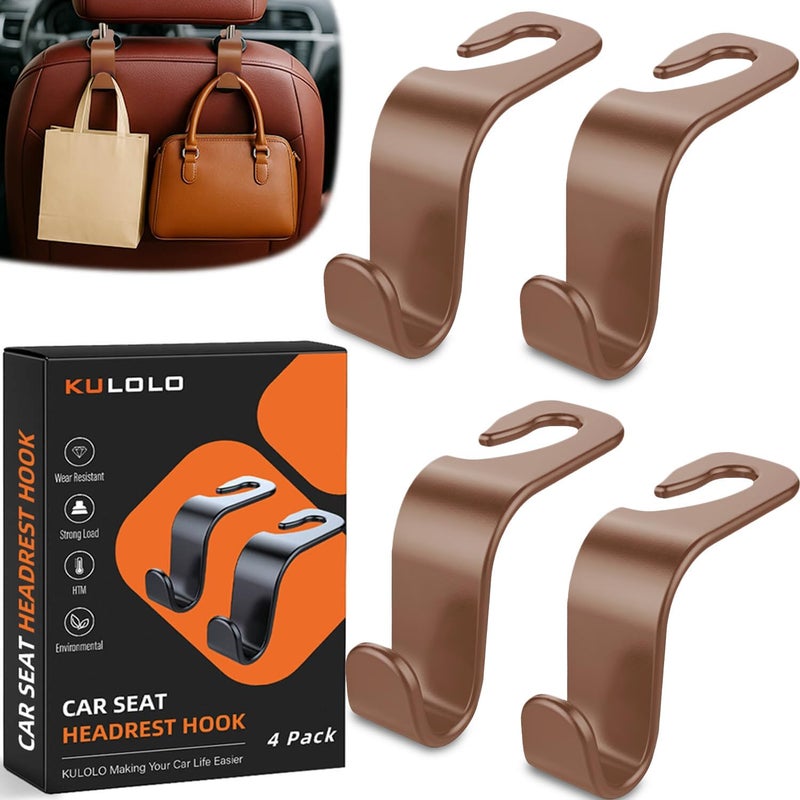 KULOLO Car Seat Hooks & Purse Holder - 4 Pack Boxed,55 lb Heavy Duty,Eco PP Car Hooks for Purse/Bag/Baby Gear/Gym Bag/Groceries/Cup/,Fits 0.32-0.55”Car Headrest Rods (Brown) - Image 1